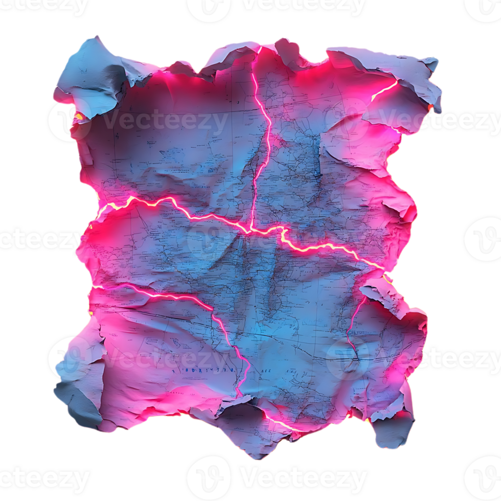 A Crinkled Map Illuminated with Neon Pink Lines, A Surreal Abstract Art Design with a Transparent Background png