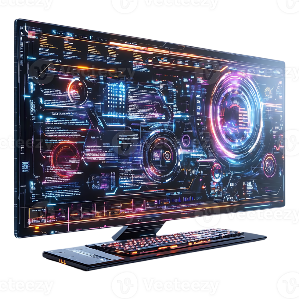 Futuristic Computer with Transparent Background and Neon Lights Displays Futuristic Interface png