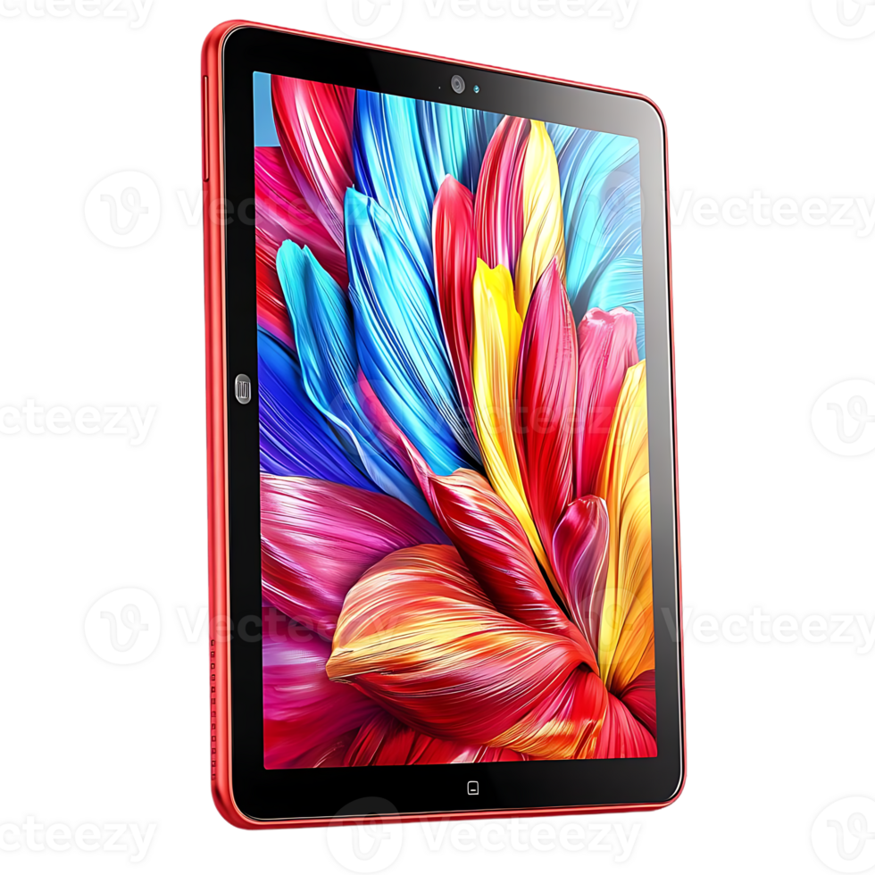 Red Tablet with Colorful Abstract Flower Display on Screen and Transparent Background png