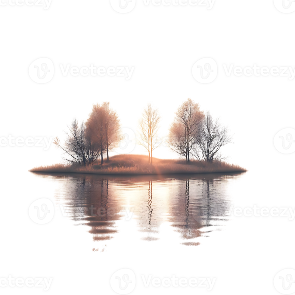 Three Trees Reflecting on a Still Lake with a Transparent Background png