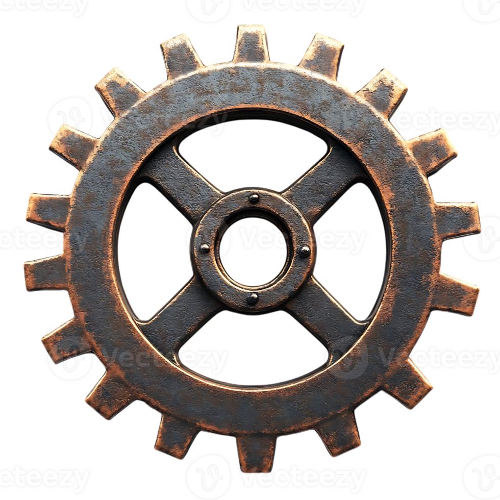Rusty Gear Wheel with Transparent Background, Isolated Cog Wheel with a Steampunk Aesthetic png