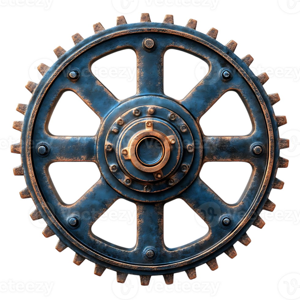 Vintage Gear Wheel with Transparent Background, Steampunk Design, Industrial Cogwheel, Isolated Metal Gear, Rusty Cog, Machine Part,  Gear Element, Clockwork Mechanism, Mechanical Design, Retro Gear,  Industrial Design, Engineering Component, Mechanical G png