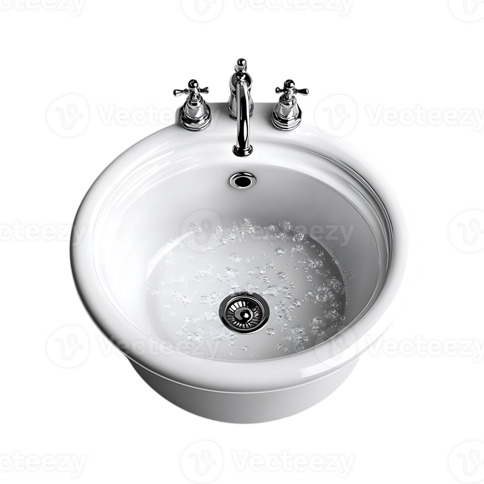 White Ceramic Sink with Chrome Faucets and Water Bubbles, Transparent Background png