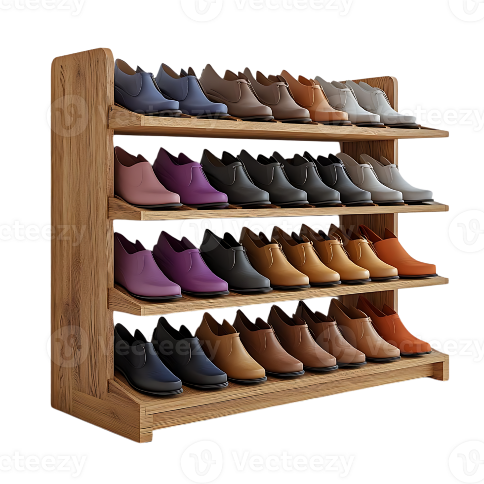 Organized Shoe Collection Displayed on Wooden Shelf with Transparent Background png