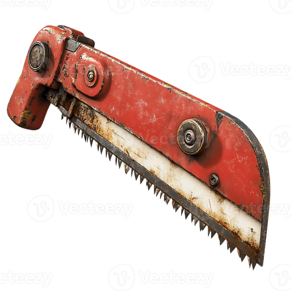 Rusty Red Hand Saw with a Transparent Background,  A Close Up of the Blade and Handle png