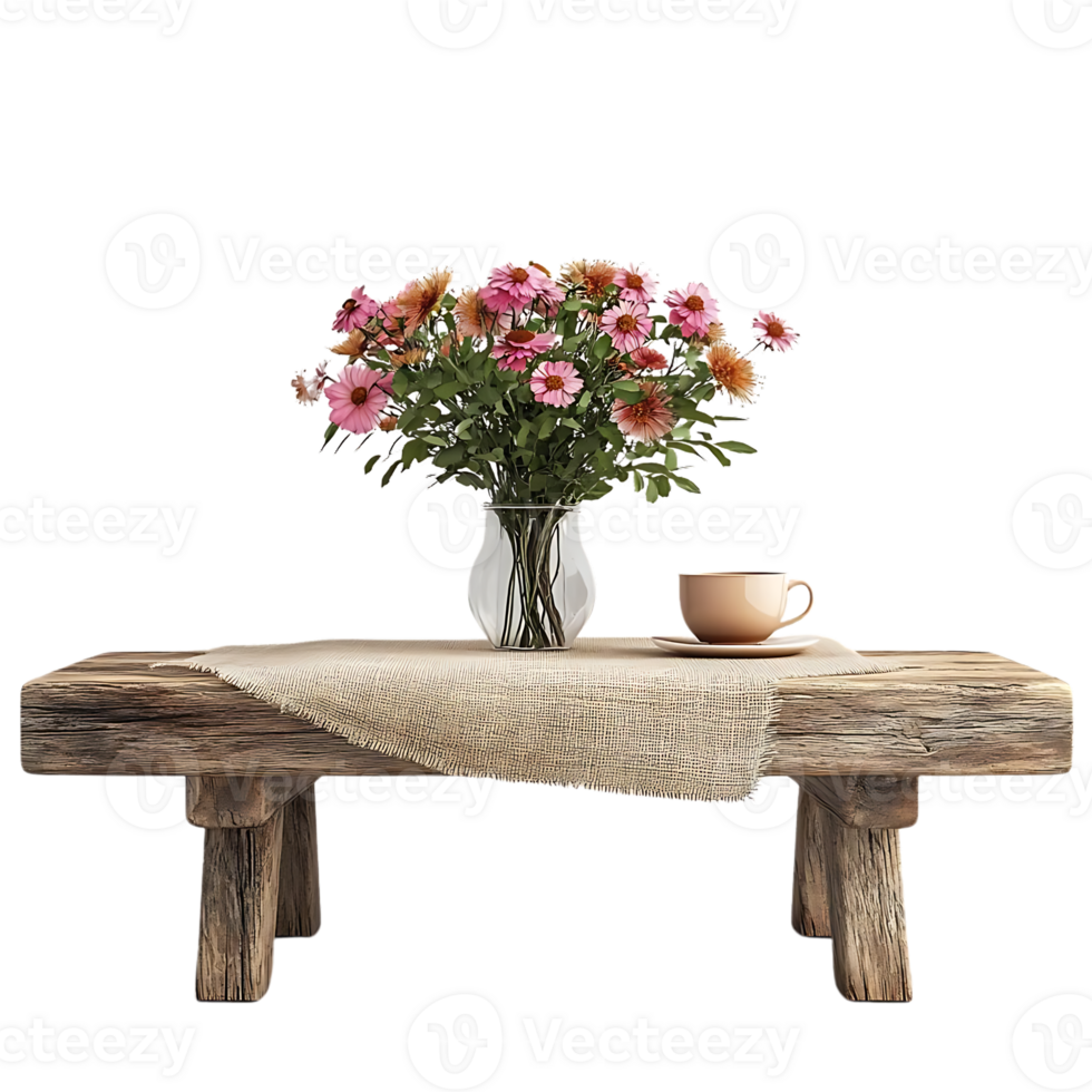 Rustic Wooden Table with Pink Flowers in a Vase and a Cup of Tea on a Burlap Tablecloth, Transparent Background png