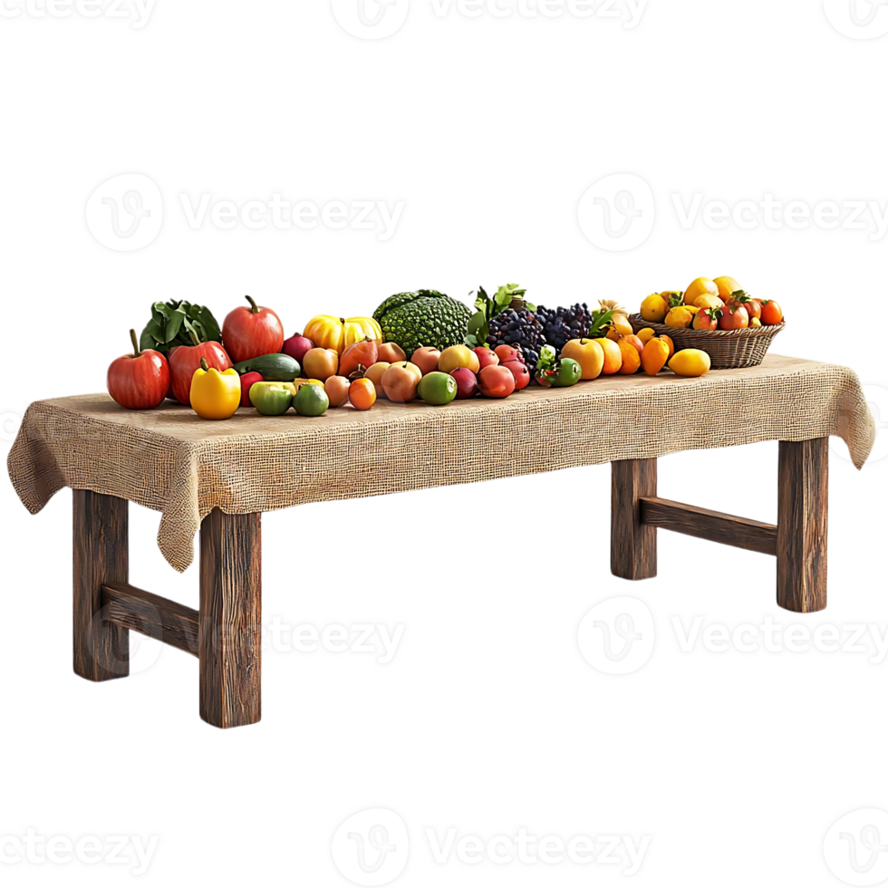 A Table Covered in a Rustic Burlap Tablecloth is Laden with a Bountiful Harvest of Fresh Fruits and Vegetables, Including Apples, Oranges, Grapes, and Pumpkins, All Displayed with a Transparent Background. png
