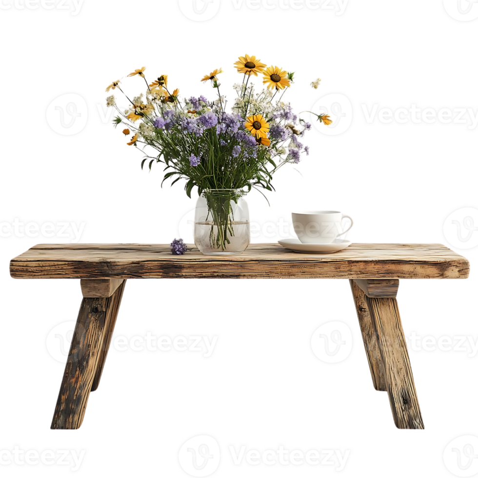 Rustic Wooden Table with Flowers in a Vase and a Cup of Tea on a Transparent Background png
