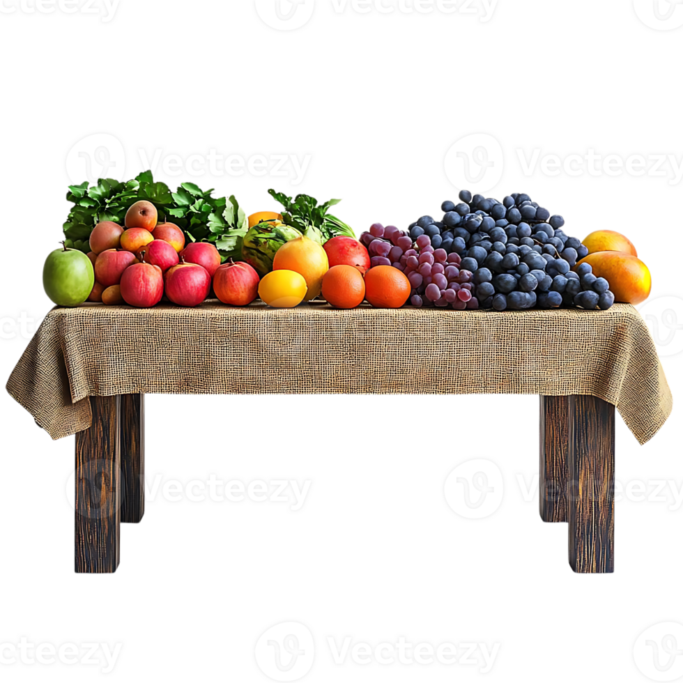 A Table Set with a Variety of Fresh Fruits, Displayed on a Rustic Burlap Tablecloth, Isolated on a Transparent Background png