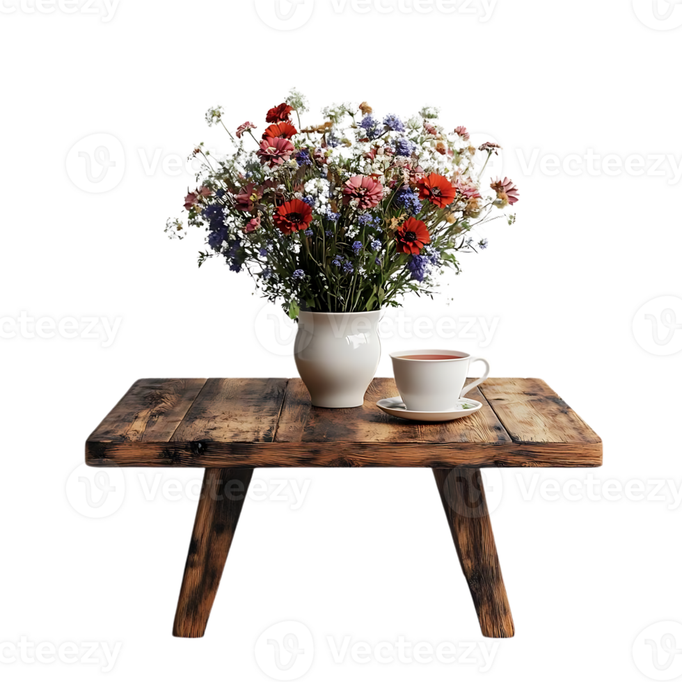 A Rustic Wooden Table with a Bouquet of Flowers and a Cup of Tea, Transparent Background png