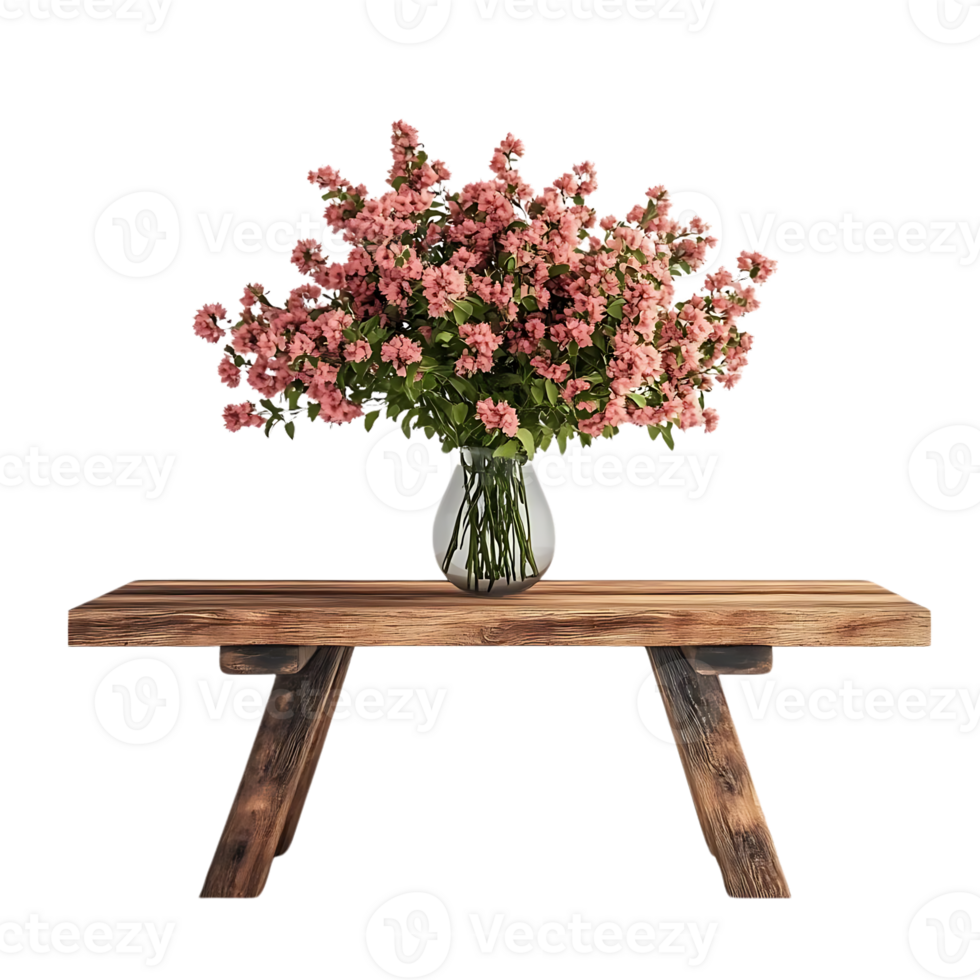 Pink Flowers in a Vase on a Wooden Table with a Transparent Background png