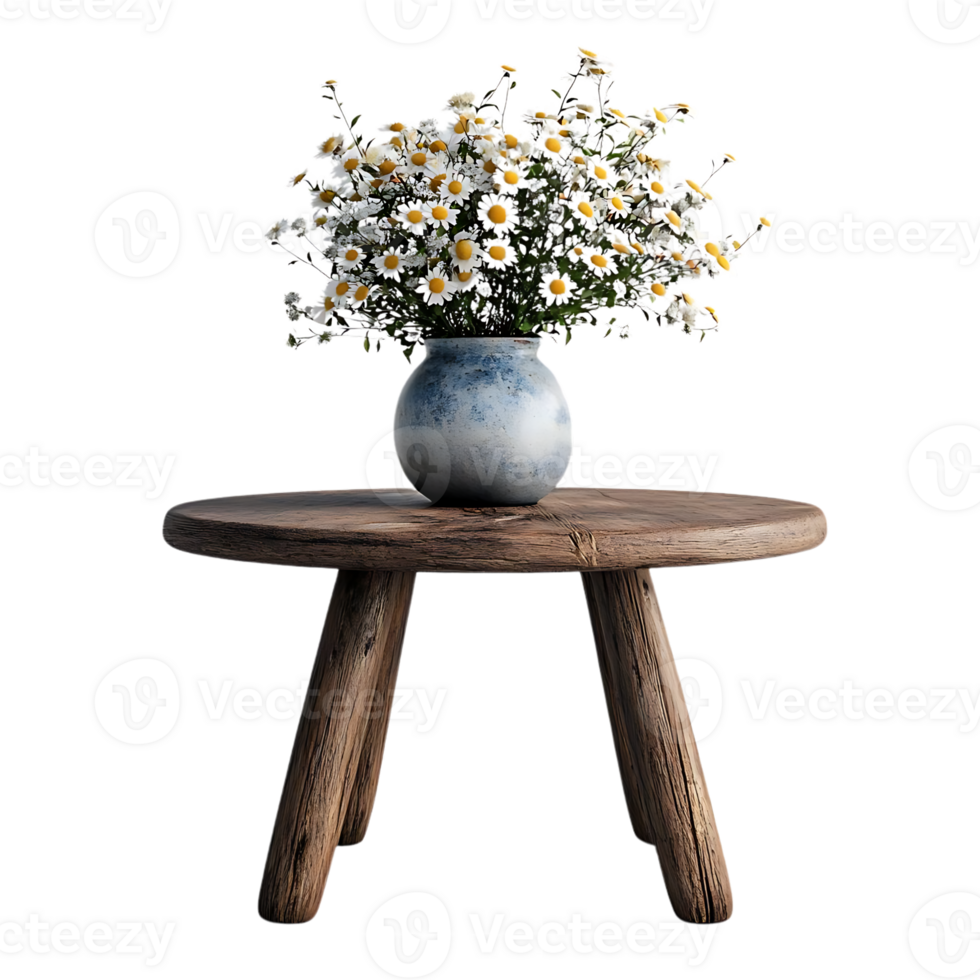 Rustic Wooden Table with a Vase of Daisies Against a Transparent Background png