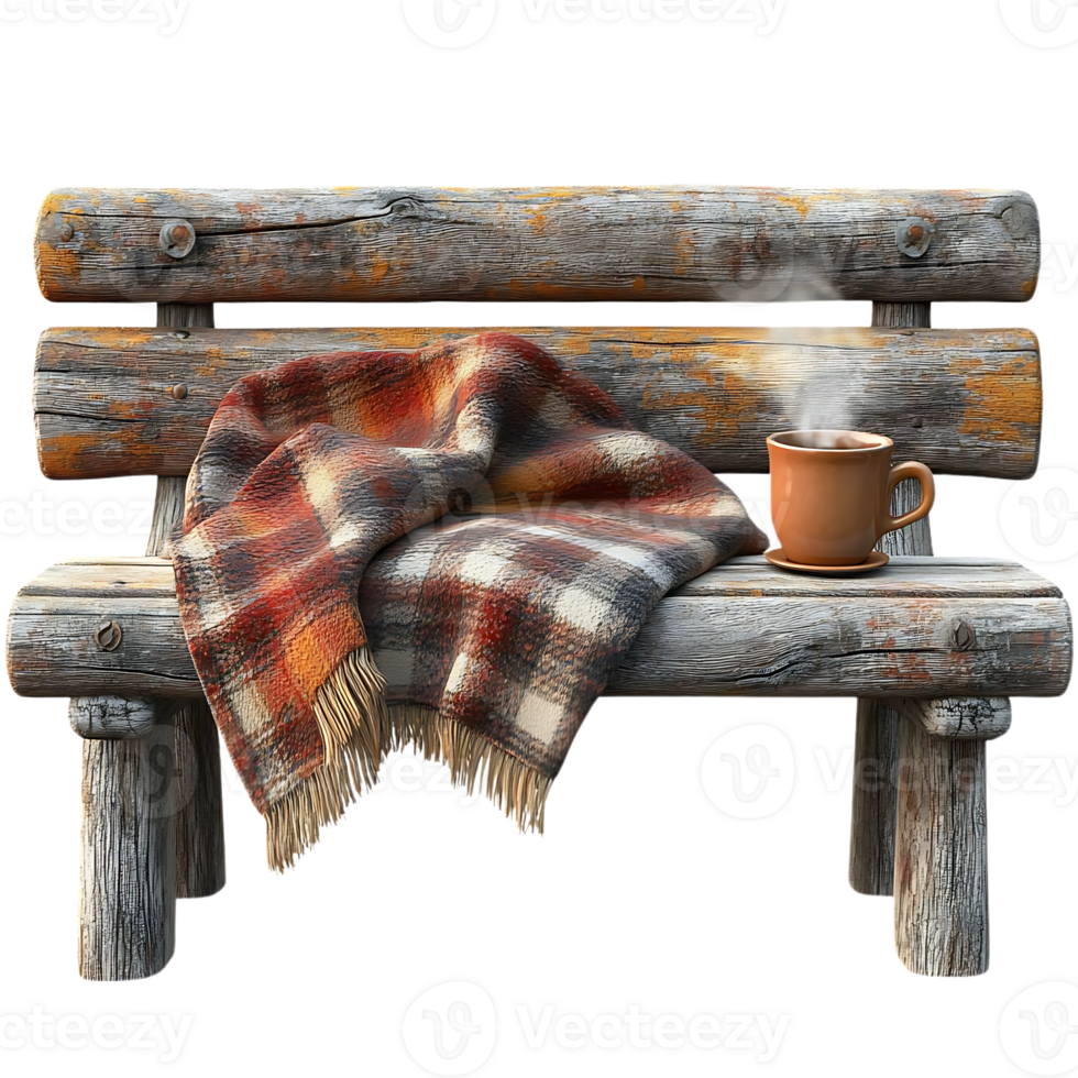 Cozy Rustic Bench with Blanket, Cup of Coffee, and Steam, Transparent Background png