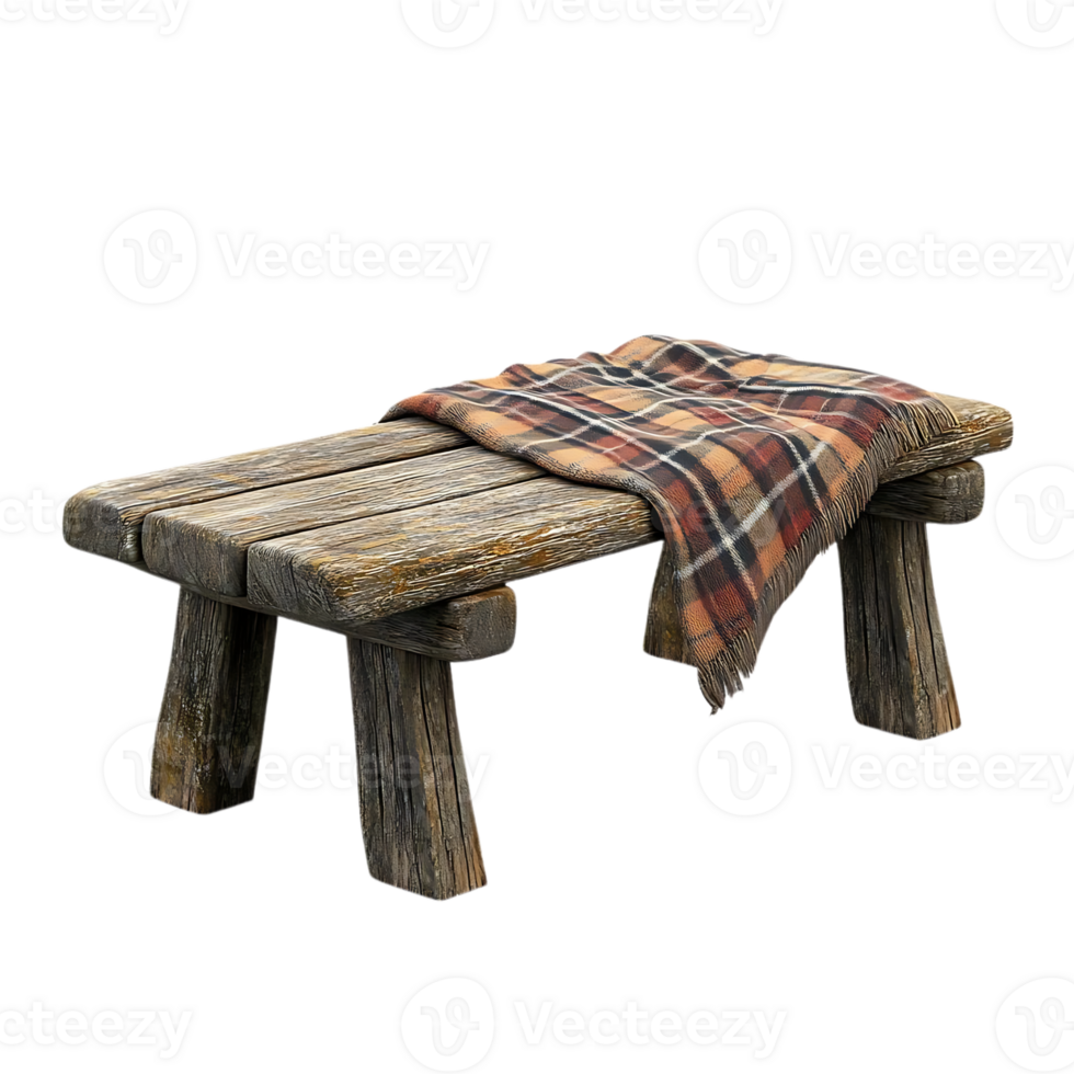 Rustic Wooden Bench with Plaid Blanket, Isolated on Transparent Background png