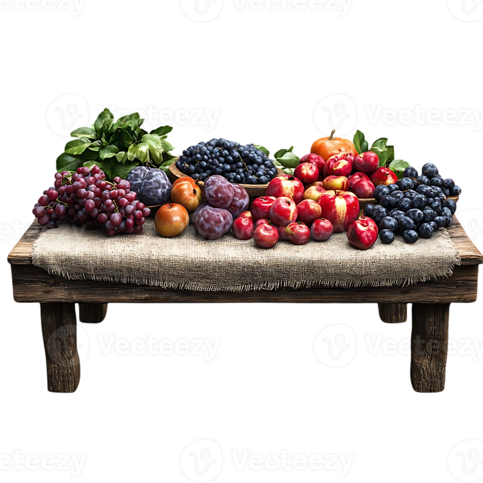 Plums, Grapes, and Apples Arranged on a Wooden Table with a Transparent Background png