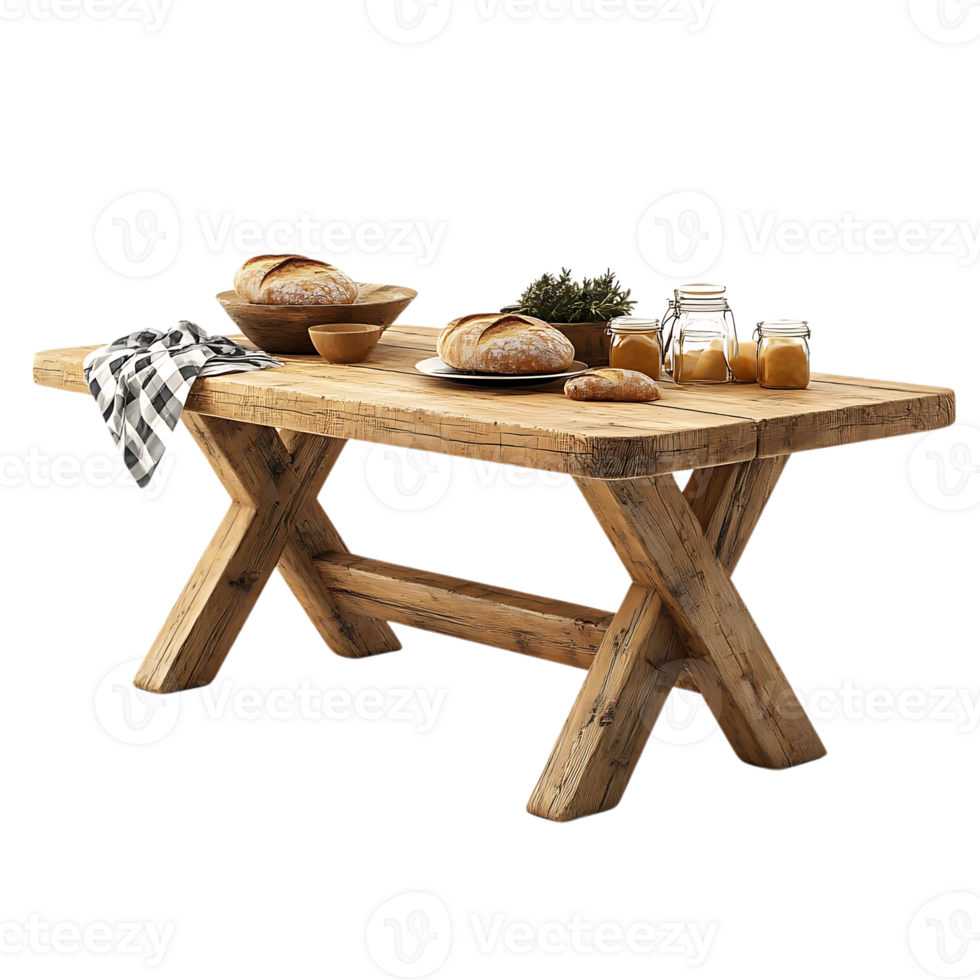 Rustic Wooden Table with Bread, Jars, and a Checkered Napkin on a Transparent Background png