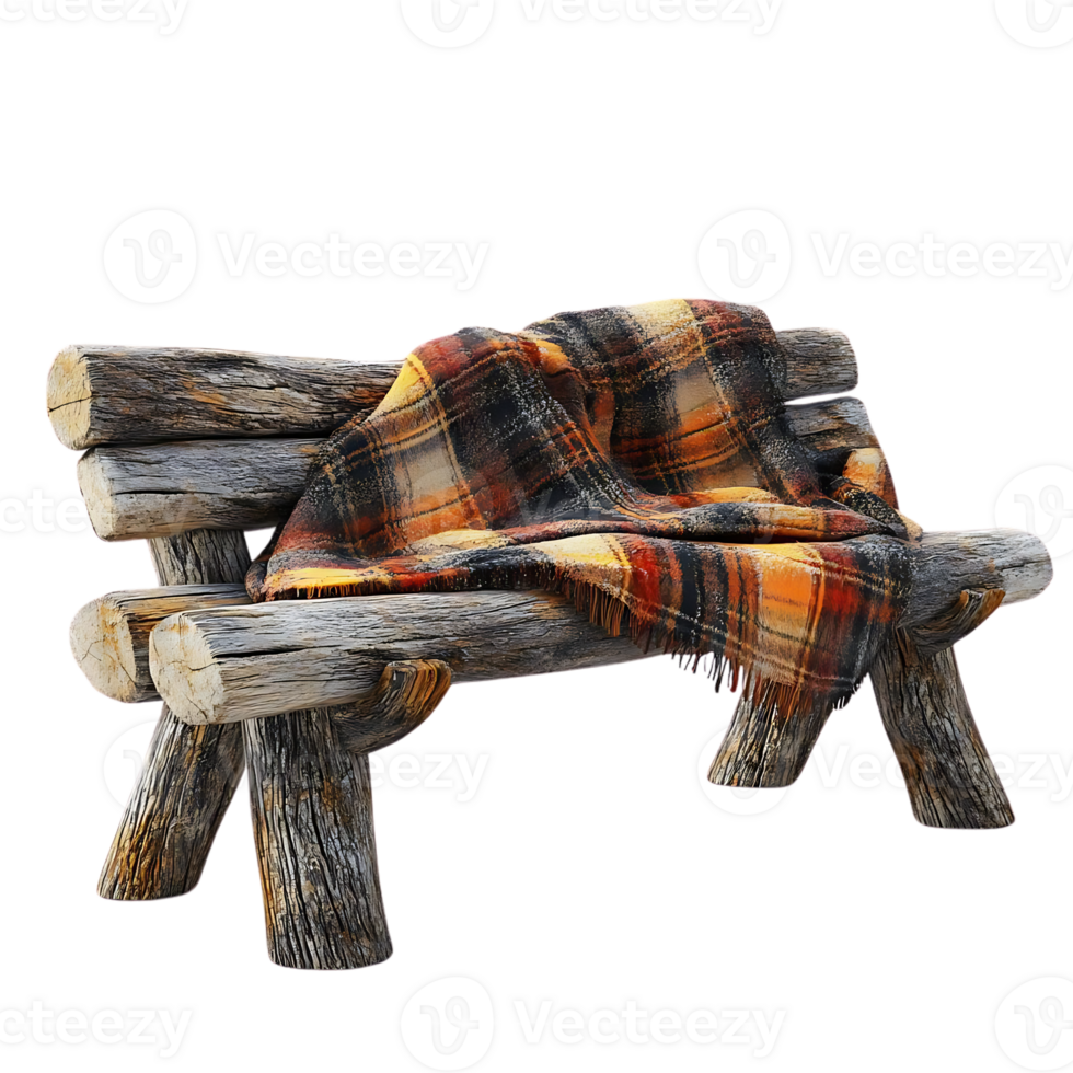 Rustic Wooden Bench with Plaid Blanket, Transparent Background for Design Projects png