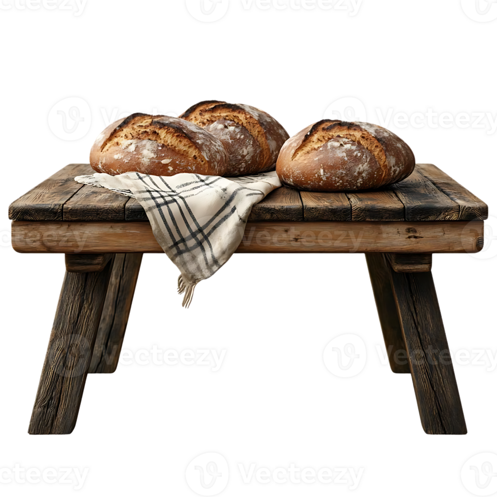Three Freshly Baked Loaves of Bread Resting on a Rustic Wooden Table with a Checkered Cloth, Transparent Background png