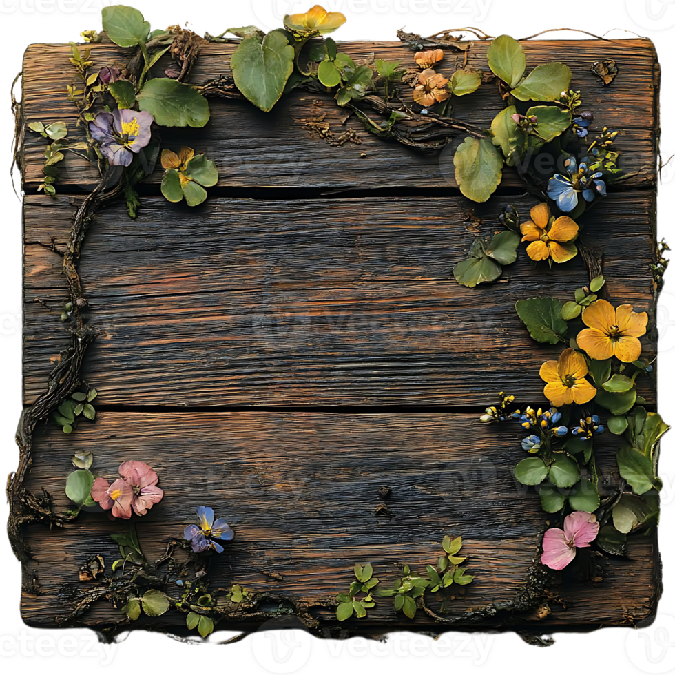 Floral Frame Encircles Rustic Wooden Background with Transparent Background png