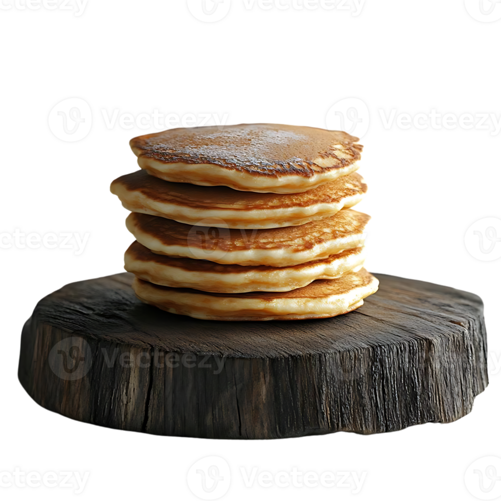 A Stack of Golden Brown Pancakes Resting on a Rustic Wood Slab with a Transparent Background png