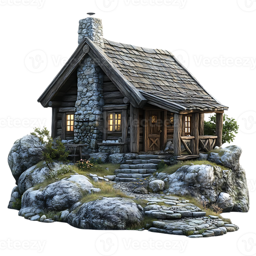 Cozy Stone Cabin Nestled Amongst Rocks with a Transparent Background png