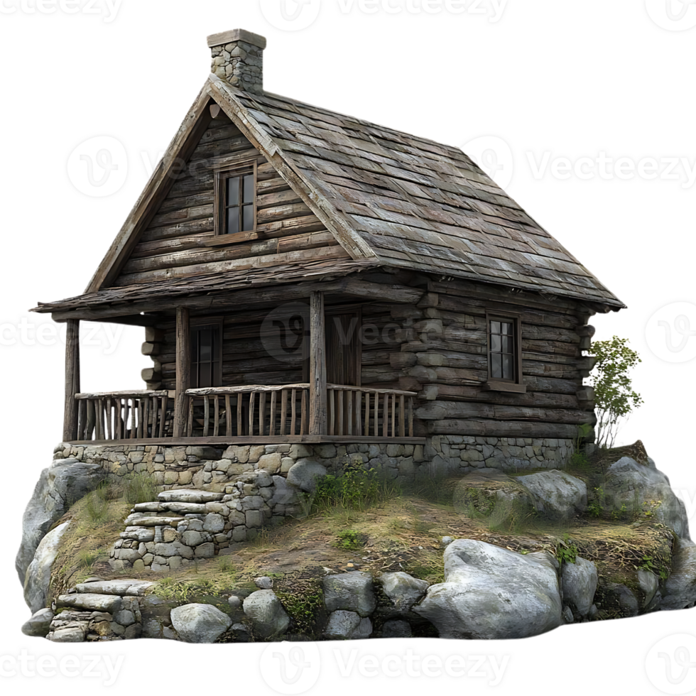 Rustic Log Cabin with a Transparent Background, Perched on a Rocky Outcropping, Perfect for Fantasy or Medieval Settings png