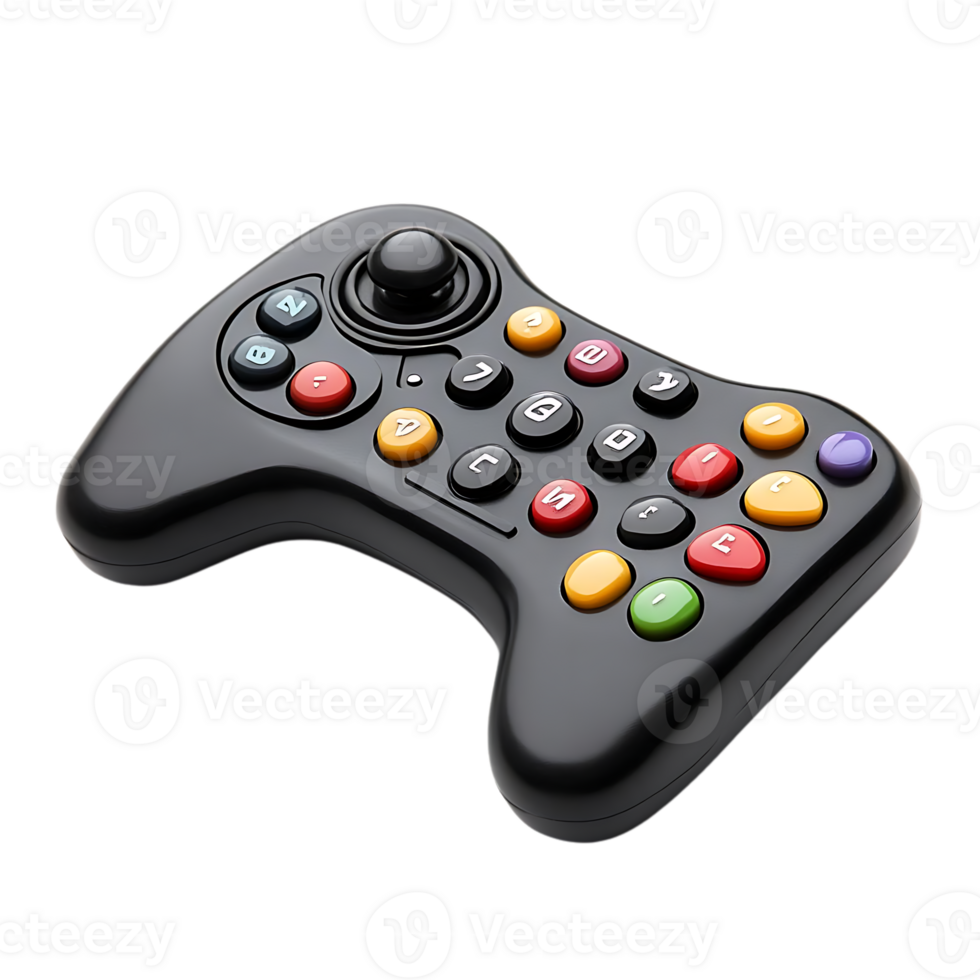 Black Remote Control with Colorful Buttons and a Joystick on a Transparent Background png