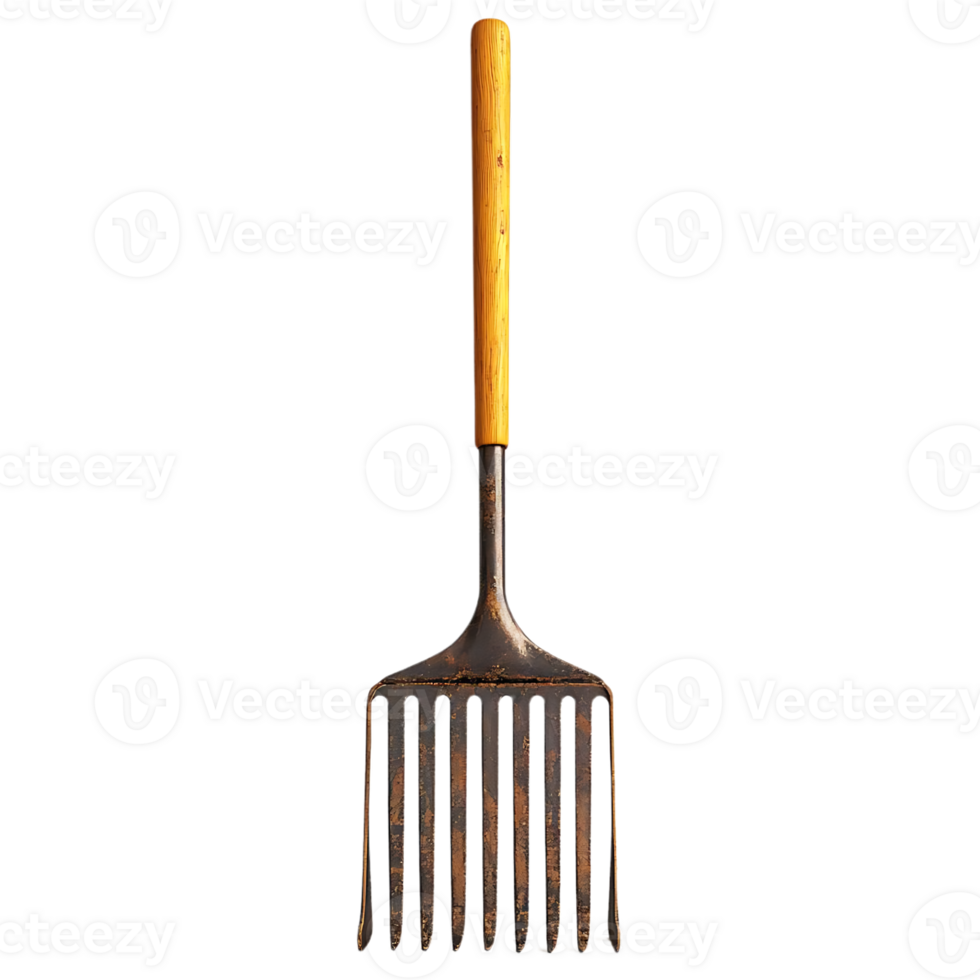 Rusty Metal Garden Rake with Wooden Handle on Transparent Background png