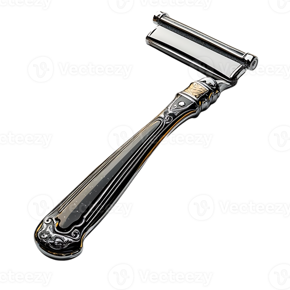 Classic Silver Razor with Transparent Background, Ornate Design, and a Black Handle. png