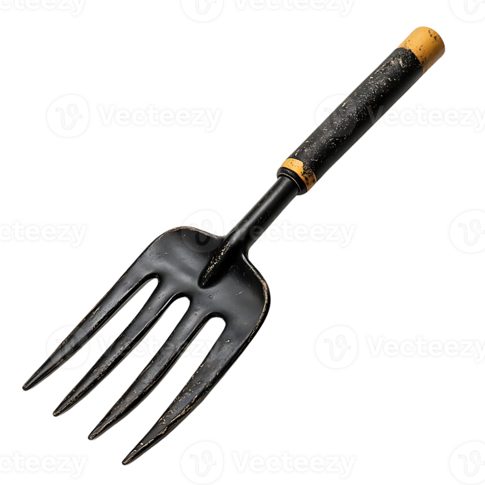 Black Garden Fork with Yellow Handle Isolated on a Transparent Background png