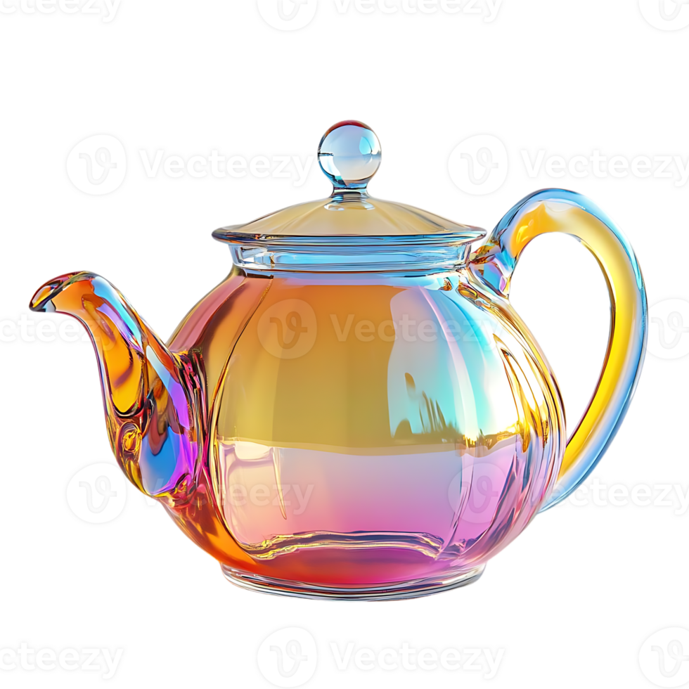 A Glass Teapot with a Transparent Background, Shimmering in Iridescent Hues, Reflecting Light and Color png