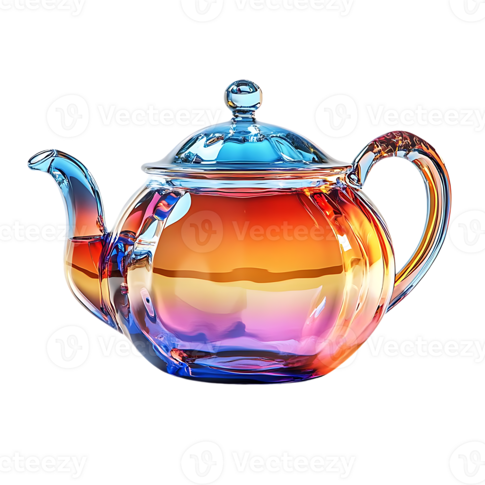 A Transparent Glass Teapot with a Gradient of Colors Ranging from Red to Blue, an Iridescent Background png