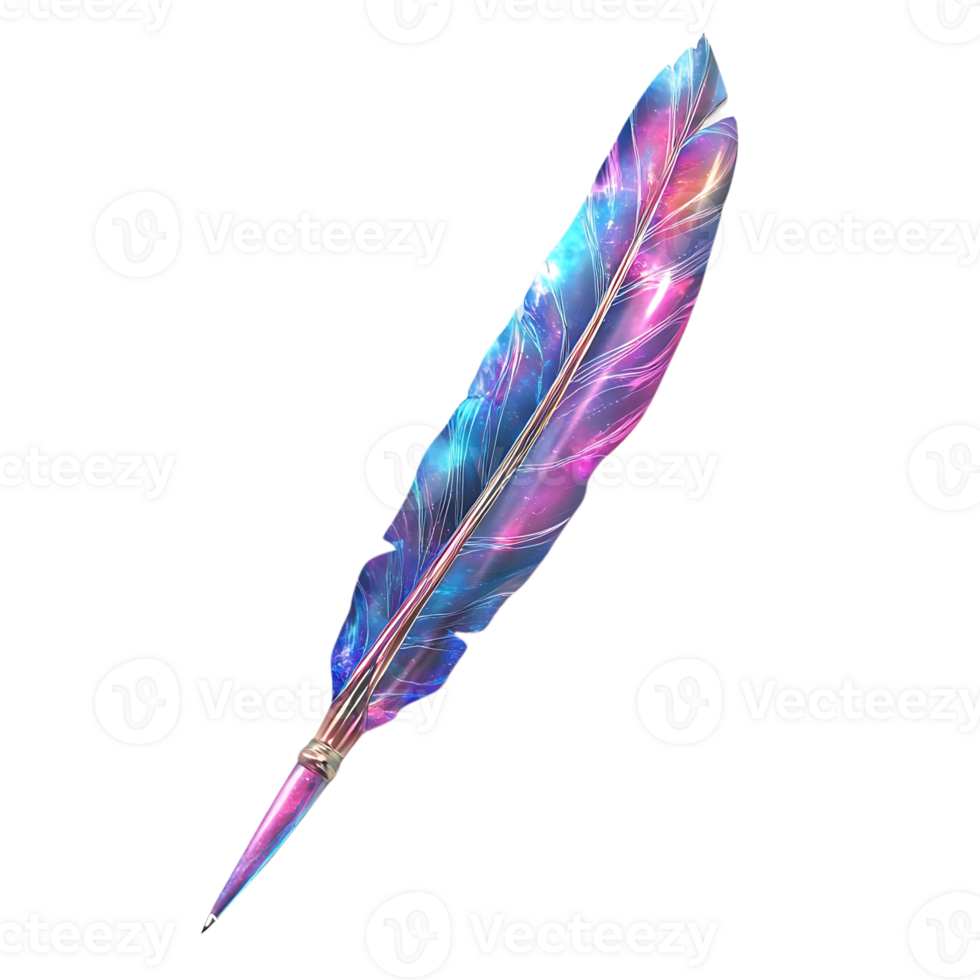 A Cosmic Quill, Penning Dreams on a Transparent Background, Galaxy Inspired Feather Pen with Metallic Nib, Surreal Writing Tool png