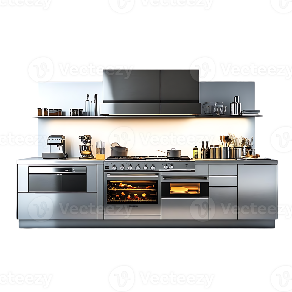 Modern Stainless Steel Kitchen with Oven and Range, Transparent Background png