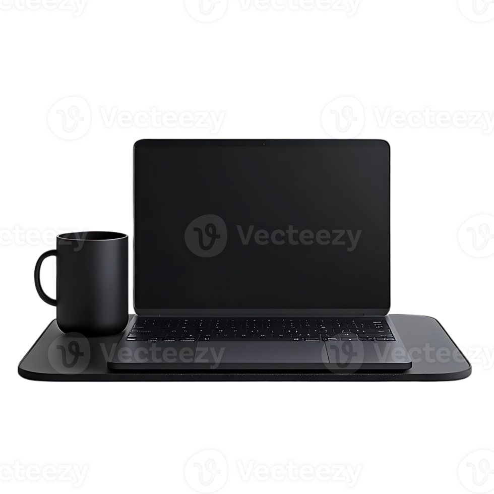 Laptop on a Black Desk Mat with a Black Mug, Transparent Background png