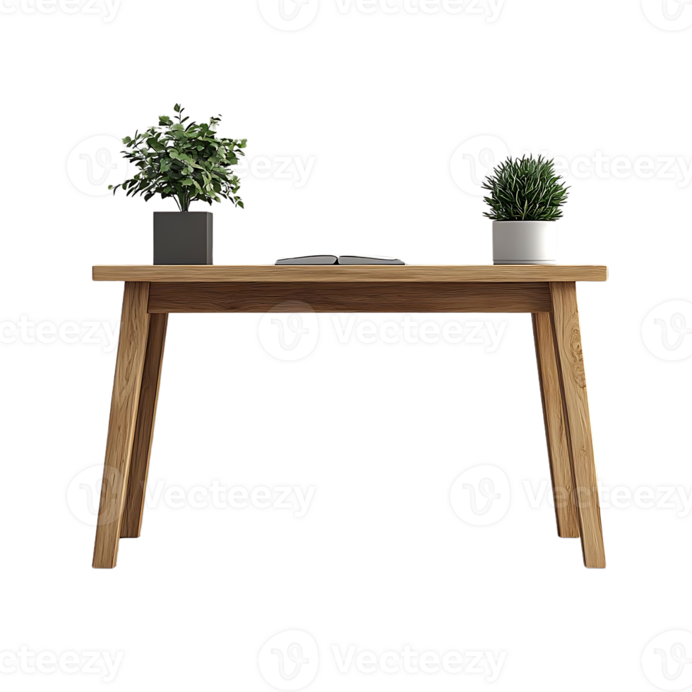 trä- skrivbord med växter och böcker på en transparent bakgrund png