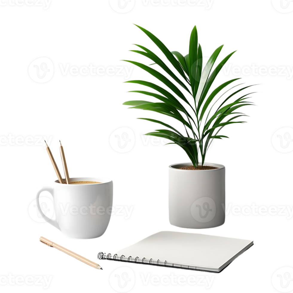 Coffee, Plant, and Notebook Ready for Your Creative Thoughts with Transparent Background png