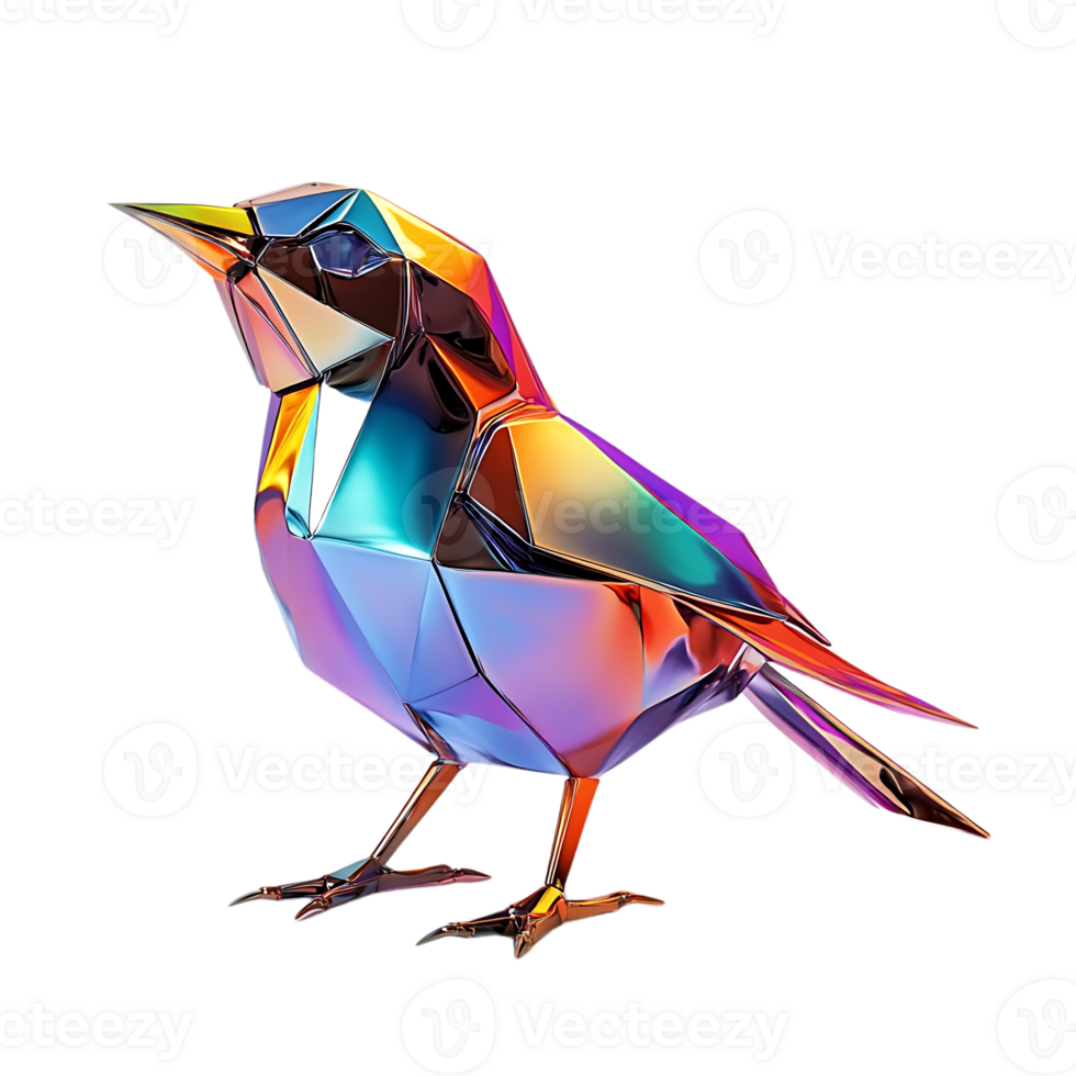 Metallic Polygonal Bird Sculpture with Transparent Background, Iridescent and Shiny, Abstract Animal Design, 3D Model, Geometric Bird, Digital Art,  Low Poly Bird png