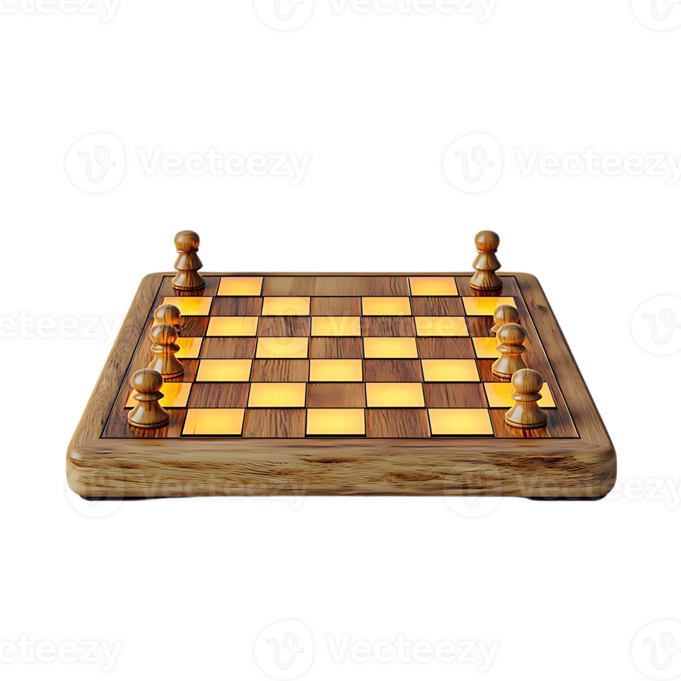 Wooden Chessboard with Illuminated Squares and Pawns, Transparent Background png