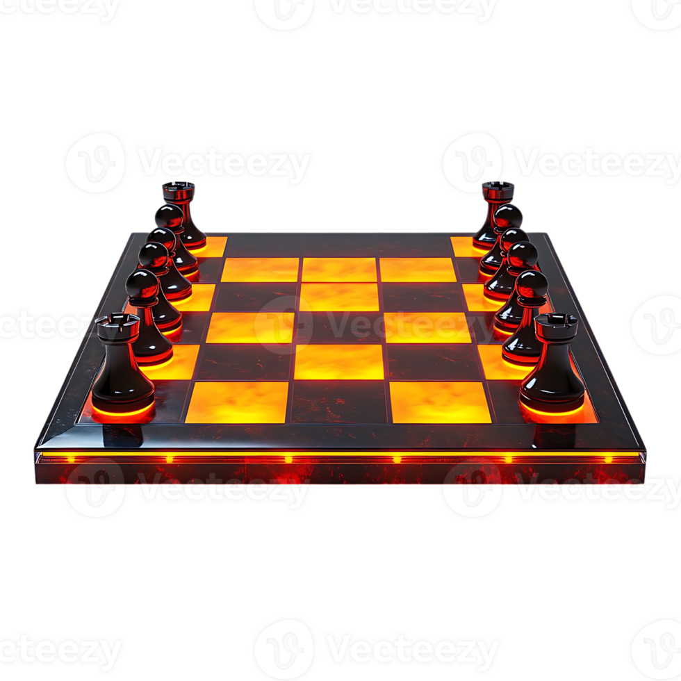 Black Chess Pieces Glowing on a Transparent Background Chessboard with Red Lighting png