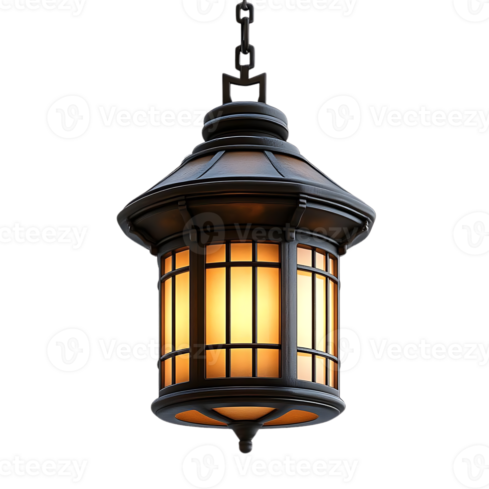 Black Lantern with a Transparent Background, Hanging with a Chain, Illuminating with Warm Light png