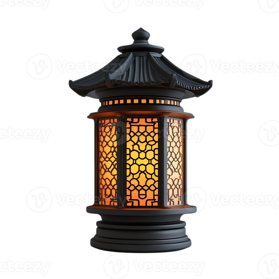 Black Lantern with Intricate Design and Warm Glow Emitting from a Transparent Background png