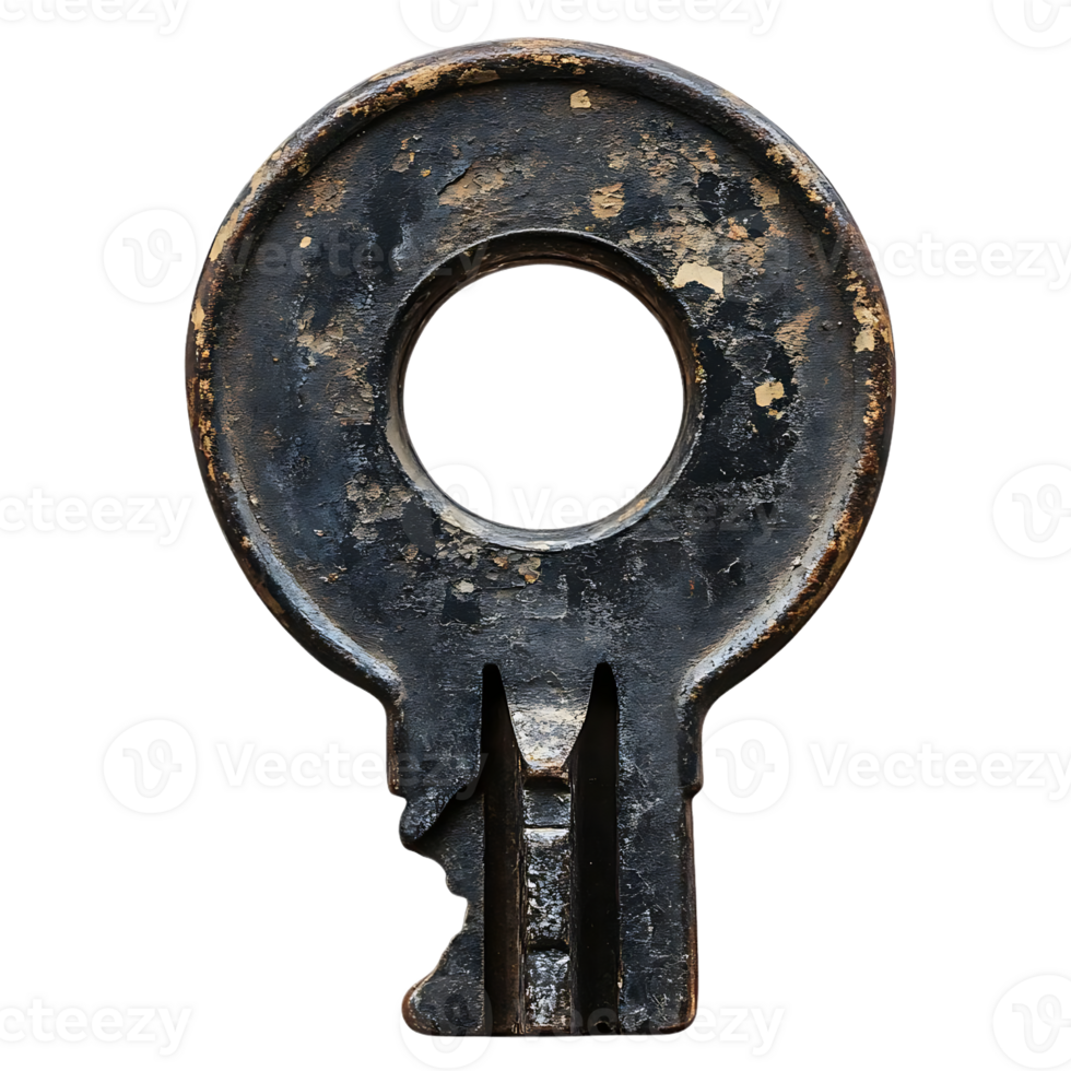 A Rusty Key with a Transparent Background, a Vintage Metal Key with a Round Head and a Long, Thin Shank, a Worn Key with a Circular Hole in the Center, a Unique Key with a Distinctive Shape, a Key with a Transparent Background. png