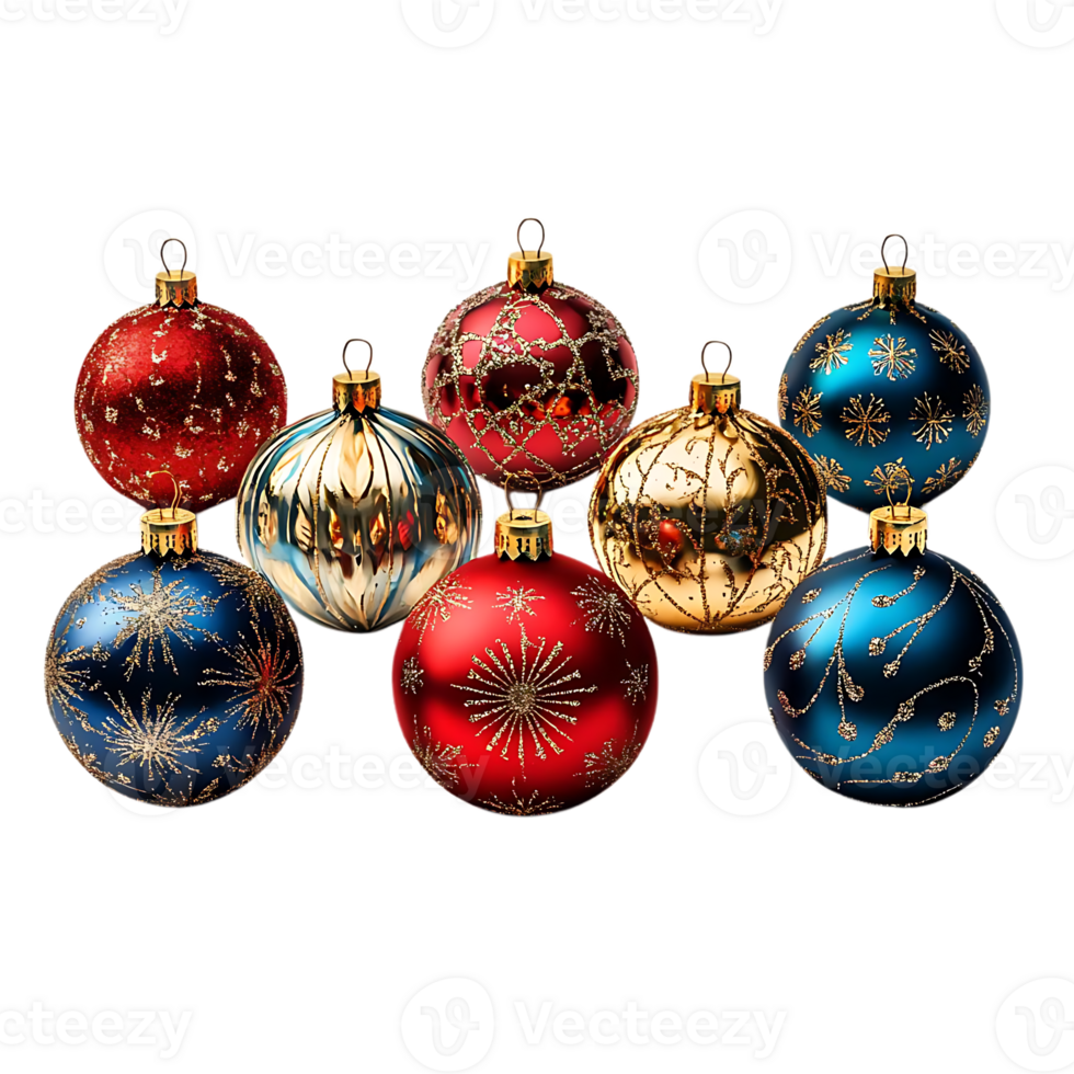 ornamenten met transparant achtergrond - glitterachtig rood, blauw, en goud Kerstmis decoraties png