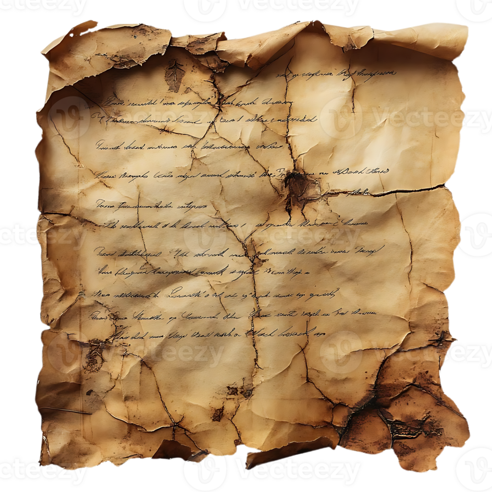 A Worn and Weathered Parchment with Handwritten Script, Displaying an Ancient Message on a Transparent Background png