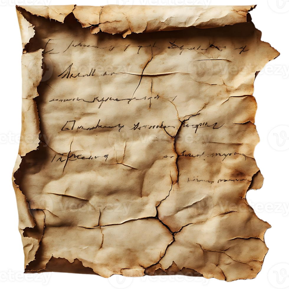 Ancient Manuscript with Faded Ink and Torn Edges on a Transparent Background png