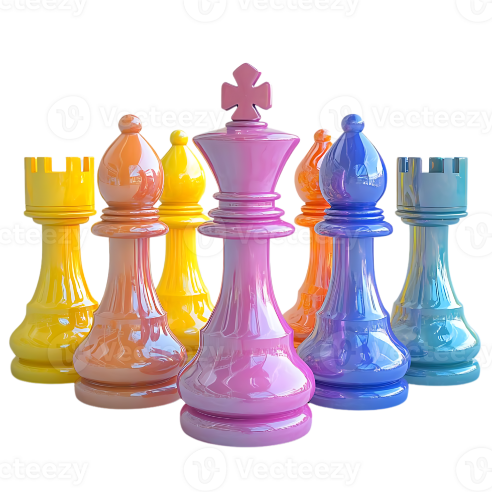 Colorful Chess Pieces on a Transparent Background with a Pink King in the Center png
