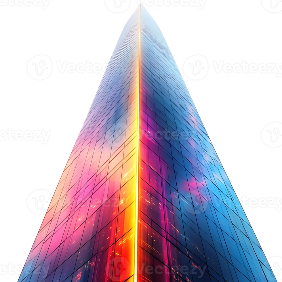 A Tall Building with a Bright, Colorful Light Strip Shining Down the Side, Transparent Background png