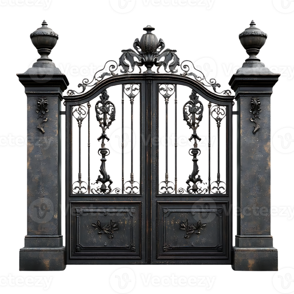 Ornate Wrought Iron Gate with Pillars and a Transparent Background png