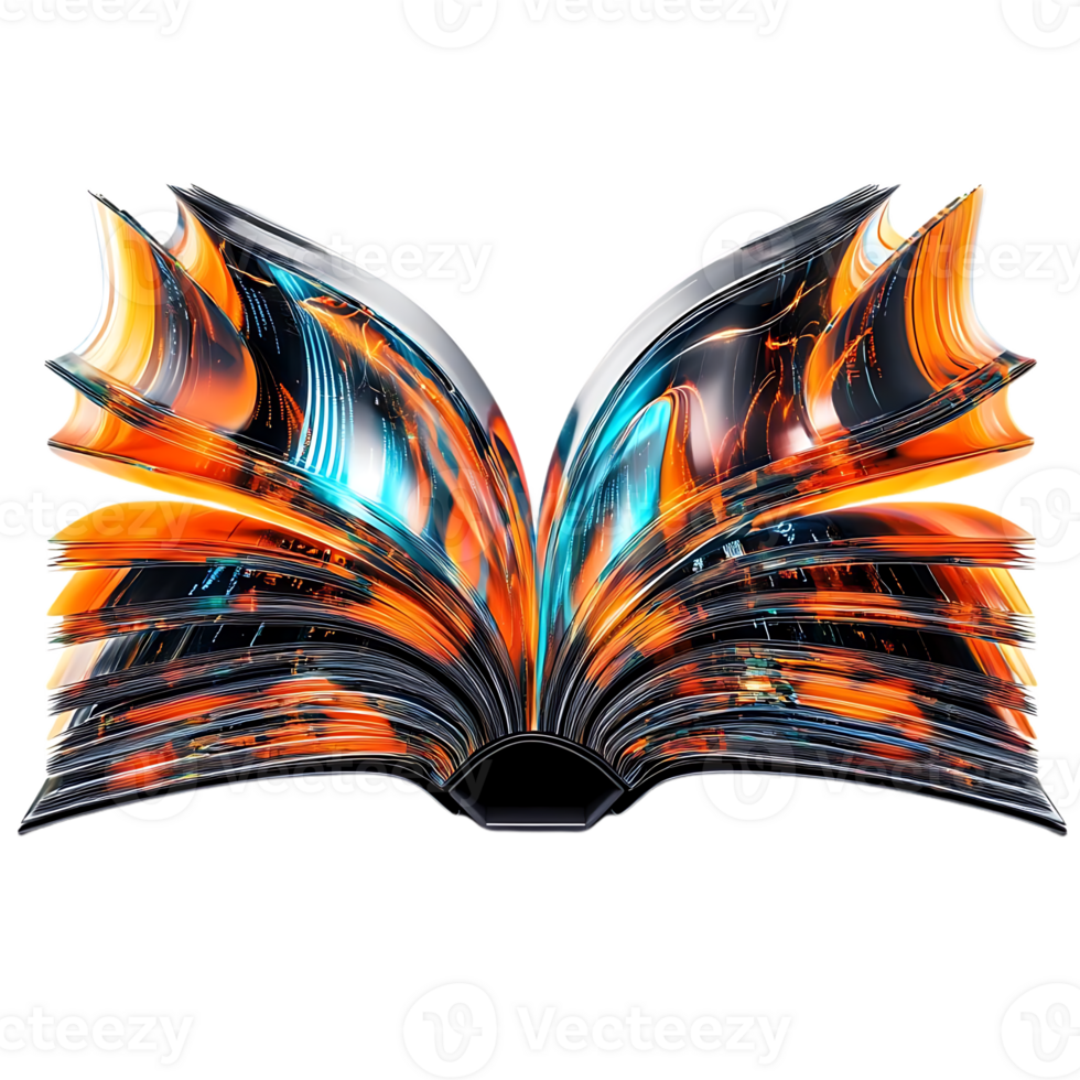 Open Book with Transparent Background, Glowing with Digital Data, Illuminated Pages in Vivid Hues png